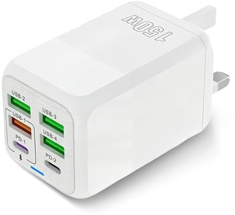 OrcoW USB C Plug Fast Charge, 150W 6-Port Multi USB Charger Plug UK Dual Port PD Power Adapter +QC Wall Plug Multiport Power Adapter for iPhone 16/15/14/13/12/11 Series/XS/XR/SE,iPad,AirPods,White