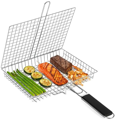 Stainless Steel Barbecue Basket, Folding Portable Grilling Rack with 3 Compartments, BBQ Tool for Meat, Fish, Vegetables, Outdoor Camping