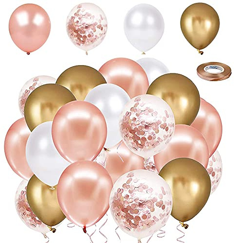 50 Stück Luftballon-Set in Roségold - 12 Zoll/30cm mit Konfetti & Bändern - Rosé/Gold/Weiß Glitzer-Latexballons für Geburtstag, Hochzeit & Valentinstag
