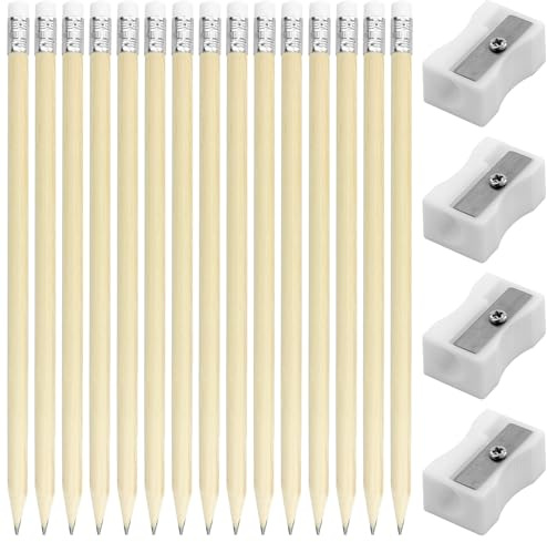 PETERMALLON HB Lot de 50 crayons à papier en bois naturel non laqué, pré-taillés, 19 cm de long, avec 4 taille-crayons, durables