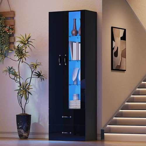 Merax LED-Vitrine Schwarz, Standvitrine mit Acrylglastür, Glasvitrine, LED-beleuchtete Sammlungsvitrine, Sideboard, Bücherregal, Buffetschrank, Wohnzimmer & Büro - 60x35x182,5 cm