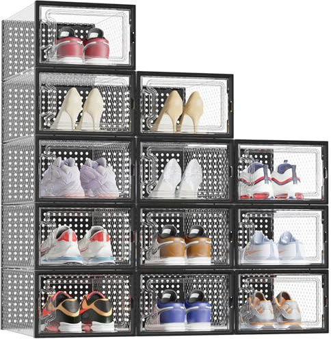 Schuhboxen, 12er Set Schuhkarton Stapelbar Transparent Schuhorganizer | Faltbar Schuhaufbewahrung für Schuhe bis Größe 45, Schwarz