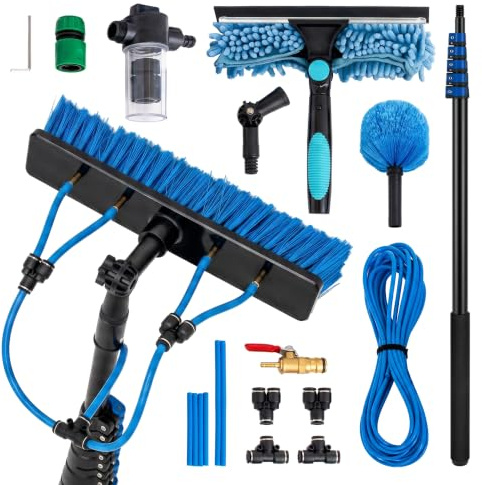 NOVECRAFTO 6M Water Fed Window Cleaning Pole – Window Cleaning Equipment | Telescopic Pole, Water Fed Brush, Squeegee, Cobweb Duster, Inline Tap & Soap Dispenser, for Conservatory Roof & Solar Panel