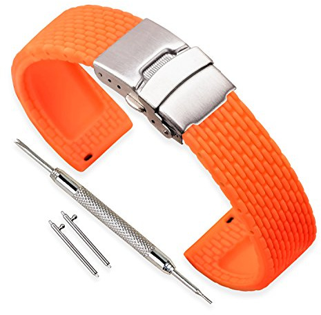 VINBAND Klockarmband, ersättning av silikonarmband, herr och dam, svart - 18 mm, 20 mm, 22 mm, 24 mm, gummiklocka med snabbfrigörande stift och utplaceringsspänne, orange, 22 mm, armband, Orange,