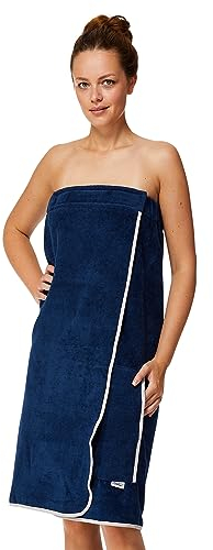 Sowel® Sauna Kilt Mujer, Toalla de Sauna con Cierre, 100% Algodón Orgánico, 80 x 130cm, Azul Marino/Gris