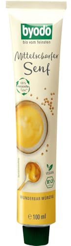 Mittelscharfer Bio-Senf von Byodo – 6 x 100 ml Tube, Köstlich cremig & wunderbar würzig, Frische Herstellung in kleinen Chargen, Deutsche Senfsaat, Vegan & ohne Zuckerzusatz