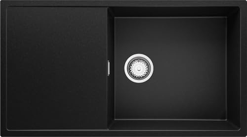 PRIMAGRAN Fregadero Cocina al Mueble 60cm + Kit de desagüe, 90x50cm | Set: Kit de desagüe (sifón, válvula, rebosadero) + Ibiza 1 Seno Granito, Negro