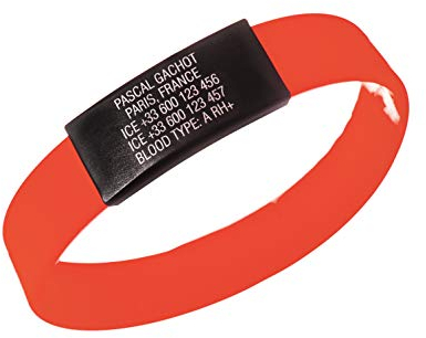ICEstripe Notfall ID Armband Personalisierte Benutzerdefinierte Medizinische Alarm Armband mit Schwarz Edelstahlplatte inkl. Kostenlose Gravur nach Wunsch Sport ID (Race Rot, 152)