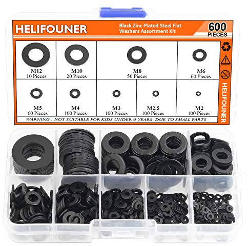 HELIFOUNER 600 Pieces 9 Sizes Black Zinc Plated Steel Flat Washers Assortment Kit (M2 M2.5 M3 M4 M5 M6 M8 M10 M12)