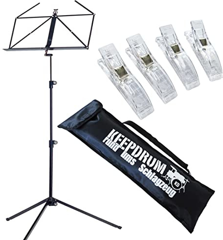 K&M 100/1 Black Notenständer Schwarz + keepdrum Tasche + 4 Stück Notenklammern