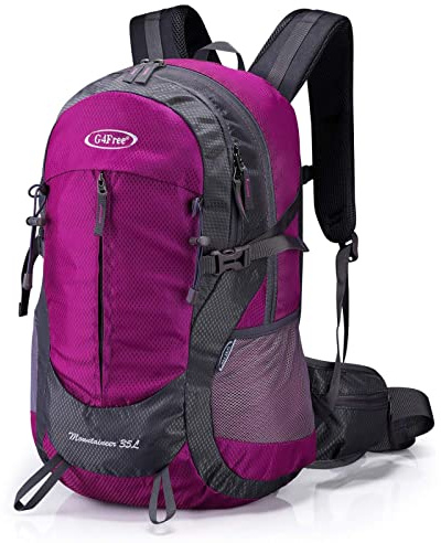 G4Free 35L Hiking Backpack Water Resistant Outdoor Sports Travel Daypack Lightweight with Rain Cover for Women Men(Rose Red)