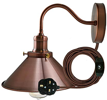 LEDSone Moderne Vintage-Retro-Industrie-Wandleuchte, Plug-in-Wandleuchte mit Satin-Nickel-Arm, Dimmerschalter, Lampenschirm (Kupfer)