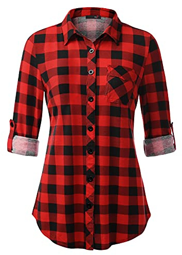 DJT Womens Button Down Shirts Fall Tops Soft Knitted Stretchy Roll Up Long Sleeve Dressy Casual Shirt Work Blouse Top Small Red Plaid