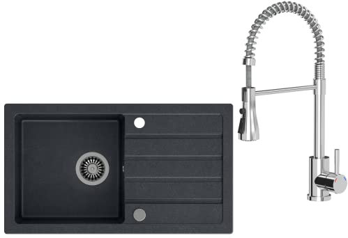VBChome Spülbecken mit Armatur 77 x 44 cm Schwarz Spüle Einzelbecken Küche Einbauspüle Verbundspüle Küchenspüle gesprenkelt flächenbündig Siphon Waschbecken Armature Schwenkauslauf, Federauslauf