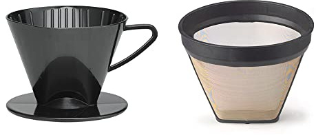 Fino Pour-Over Reusable Coffee Brewing Cone with Gold-Toned Mesh Permanent Coffee Filter, Number 2-Size, Black