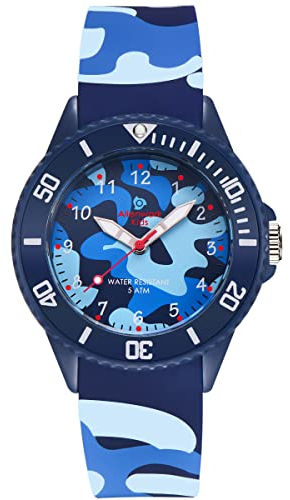 Alienwork Kids Lernuhr Kinderuhr Jungen Mädchen Marineblau Silikon-Armband Camouflage blau Camouflage grün Kinder-Uhr Wasserdicht 5 ATM Zeit Lernen