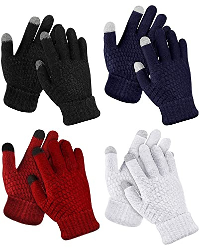 Coume 4 Pairs Kids Winter Touchscreen Gloves Warm Fleece Lined Child Knit Gloves Elastic Cuff Winter Texting for Girls Boys(Black, White, Red, Navy Blue)