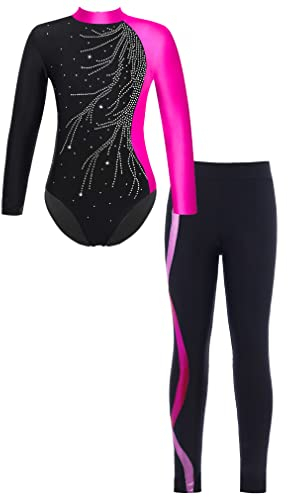 FEESHOW Mädchen Turnanzug Langarm Gymnastikbody Tanz Ballett Leotard Strumpfhose Sportanzug Leggings Bodysuit Set Wettkampf Tanzkleidung D_Rose 134-140/9-10 Jahre