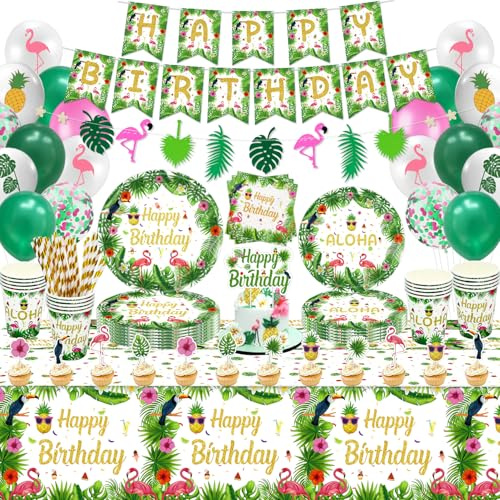 LKITMIUT 174 PCS Hawaiian Aloha Party Supplies Tropical Luau Decorations Decor Summer Tableware Set - Plates, Banner, Balloons, Cups, Napkins, Palm Leaves, Garland Serves 20