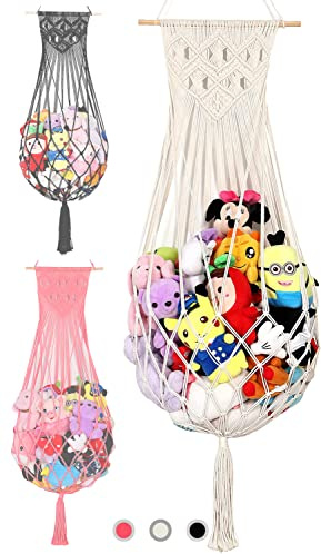 Stuffed Animal Hammock Wall Hanging Net for Stuffed Animal Storage Plush Toy Holder Macrame Toy Display for Boho Kidroom Decor Nursery Organizer (Cream)