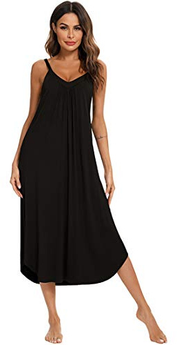 Jlowesun Long Nightgowns for Women,Soft Cotton Nighties for Women with Wavy Hemline,V-Neck Full Slip Loose Stretchy Strappy Women's Nightwear XL Black