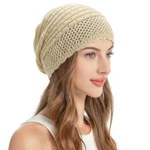ZLYC Damen Sommer Strickmützen Handstricken Häkelmütze Beigntage Beanie Mütze(Einfach Beige)