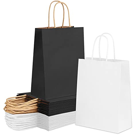 Papiertüten Mit Henkel,Geschenktüte,Papiertüte,40 Stück Papiertragetaschen,Papiertüten Schwarz,Papiertüten Weiß,Papiertüten Groß 21x15x8cm,Geschenktüten Papier für Geburtstagsfeiern
