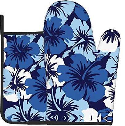 Blaue Hibiskus 2 Stück Ofenhandschuhe und Topflappen-Sets, lange, flexible, dicke Handschuhe zum Kochen, Backen, Grillen