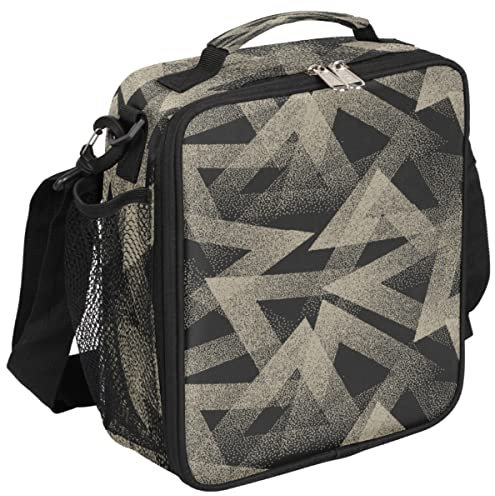 Lonchera moderna con geometría, lonchera negra abstracta con aislamiento, bolsa térmica con correa de hombro ajustable extraíble para mujeres y hombres, oficina, picnic