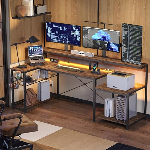 Bestier 181,6 cm datorskrivbord med uttag, L-format LED-hemmakontor med långt bildskärmsstativ, stort hörnskrivbord med förvaringshylla, mugghållare och