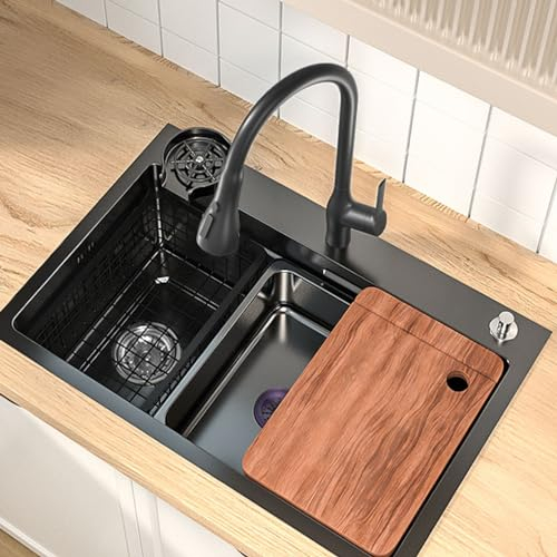 Lavello da Cucina Lavello per lavastoviglie Nero a Fessura Singola in Acciaio Inossidabile Nano 304 Lavello per lavastoviglie Fatto a Mano per la casa (750x450mm)