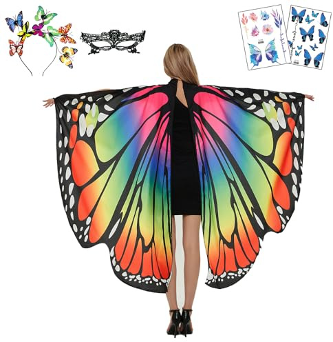 ENYACOS Schmetterling Kostüm Damen 4er Set mit Schmetterlingsflügel,Schmetterling Tattoo,Haarreif und Venezianische Maske,Karneval Kostüm Damen,Faschingskostüme Damen,Karnevalskostüme Damen (B)