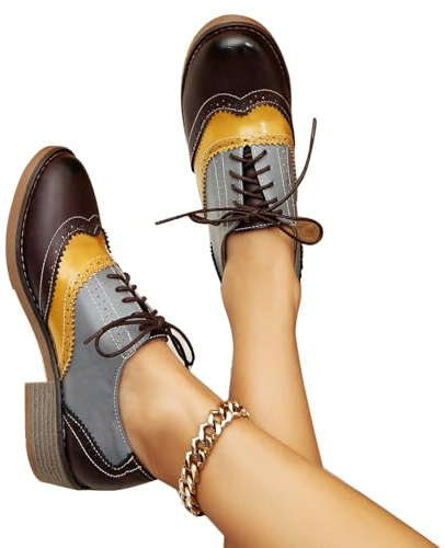 Retro Mix Color Fashion Oxford Shoes for Women Casual Chunky Heel lace up Sneaker (Yellow, Adult, Women, 8.5, Numeric, US Footwear Size System, Medium)