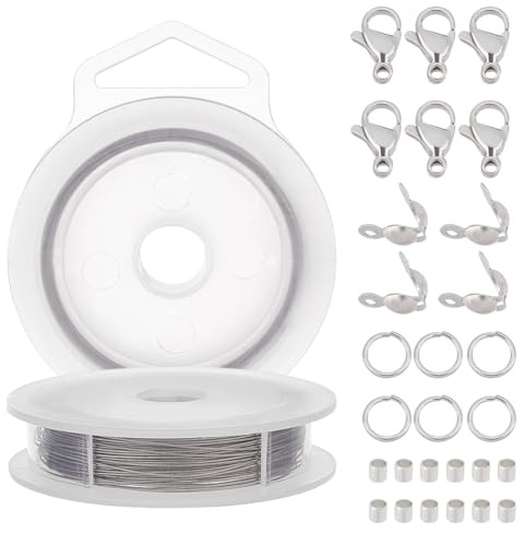 BENECREAT Kit de Alambre para Abalorios 15 Hilos 49m, Alambre de Hilo de Cuentas de Acero Inoxidable de 0.46 mm, Alambre de Cola de Tigre con Cierres de Garra de Langosta, Anillos de Salto