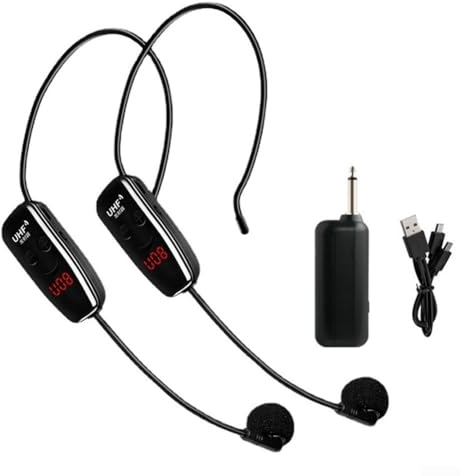 SPORTARC Ensemble de microphones sans fil, micro sans fil UHF rechargeable par USB, double système de casque pour haut-parleur de scène, enseignement de la parole