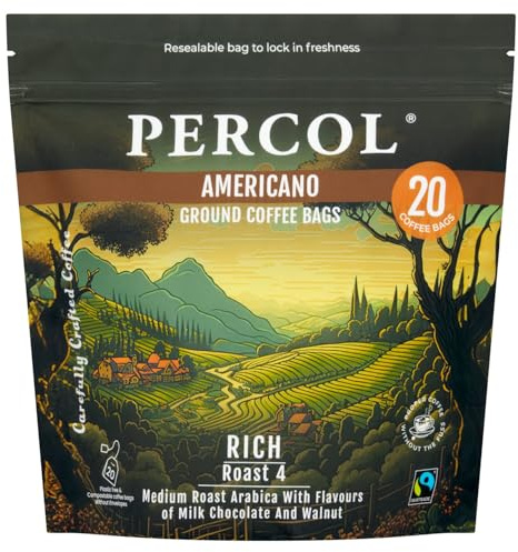 Percol - Americano Ground Coffee Bags, 80 x 8g | Medium roast; Milk chocolate and walnut notes; Strength 4; Fairtrade Arabica beans; Brews in the mug like a tea bag