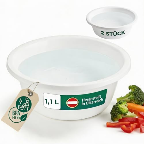 Novaliv 2x Spülschüssel Rund 1,1L, D20 cm, Weiß, BPA-frei Spülmaschinenfest Ideal für Küche und Camping, kleine Rundschüssel, Plastikschüssel klein, Waschschüssel klein, Plastic bowl