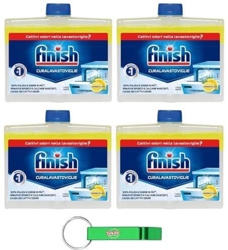 4x Finish Cura Lavastoviglie,Waschmittel für Geschirrspüler,Entfettende Wirkung,Fett- und Kalkablagerungen entfernen,Duft nach Zitrone und Limette 250ml + Beni Culinari Kostenloser Schlüsselanhänger