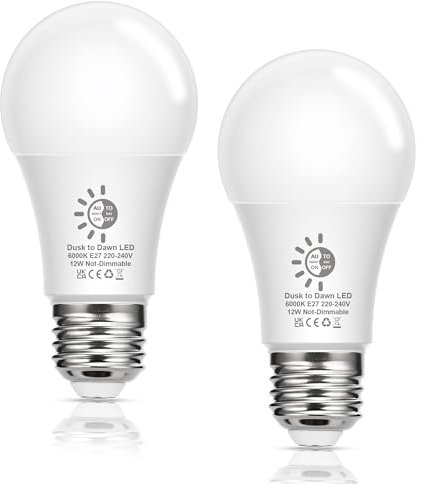 Lampadina LED E27 Sensore Crepuscolare, Lampadina Con Sensore 12W Equivalenti a 100W, Luce Fredda 6000K, Lampadine A60 1100 Lumen, Lampada E27 LED a Vite Risparmio Energetico Consumo Basso, 2 pezzi