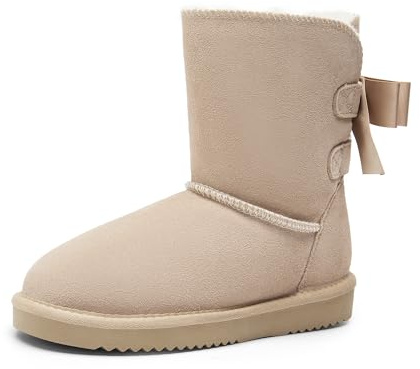 DREAM PAIRS Stivali Invernali da Donna FuzzyChic con Fiocco in Vera Pelle Scamosciata Fodera Stivaletti Corti per Esterno e Interno,Size 41.5,Sabbia,SDSB2408W