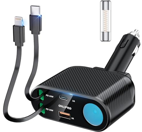 OHLPRO 5 in 1 Retractable Car Charger, 168W USB C Cigarette Lighter Adapter, Fast Car Phone Charger Built-in Replaceable Fuse, Socket Splitter with Dual USB Ports, Fit for Phone, iPad, Galaxy, GPS