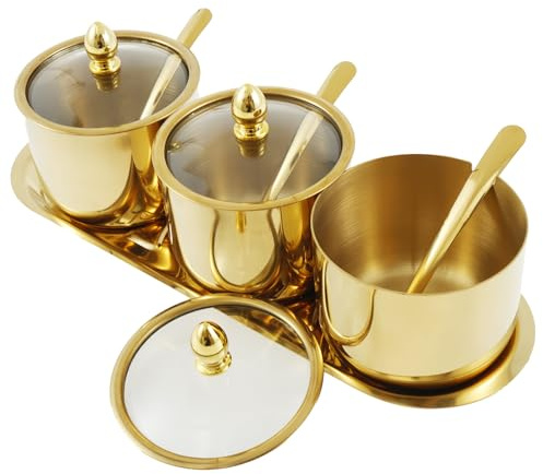 Juego de azucareros de acero inoxidable con tapa de vidrio y cuchara, juego de 3 tarros de especias con bandeja, contenedor de azúcar reutilizable, tarro de azúcar, recipiente de condimentos de