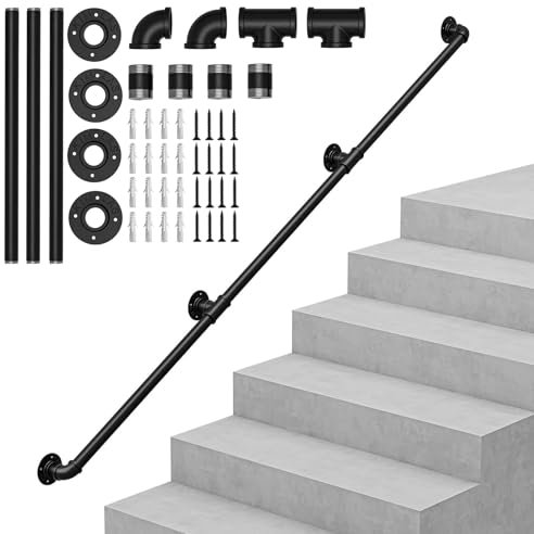 OUNUO Handlauf Treppengeländer Geländer Wandhandlauf Wandhalterung Innen & Außen, Rund Ø32mm, für Treppen Brüstung Balkon, Schwarz, 300cm