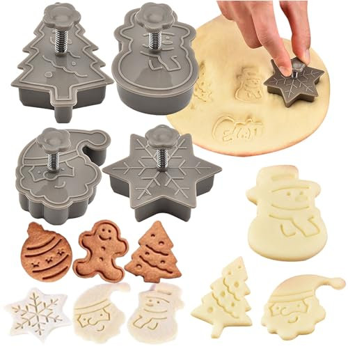 4 Stück Weihnachtsausstecher Plätzchen Ausstecher Set,Keksausstecher Weihnachten Linzer, 3D Ausstechformen, Cookie Cutter kinder, Ausstechformen Eindrückformen Auswerfer Stempel Tortendeko
