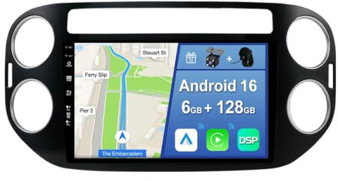 YUNTX [6GB+128GB] Android 16 2 DIN Autoradio para VW Tiguan 2009-2017-[Integrado CarPlay/Android Auto/DSP/GPS]-IPS 9 Pulgada Touch Screen-CAM+Mic-Dab/Bluetooth 5.0/AHD Cámara