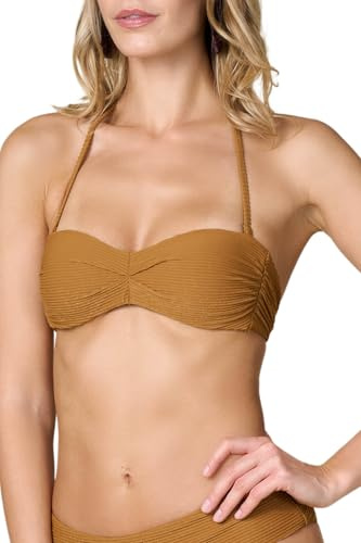 Goldenpoint Donna Costume da Bagno Costina Lamè - Parte Alta del Bikini - Fascia Imbottita con Spalline Removibili in Tessuto a Costina Tinta Unita con Lurex Taglia 4B Colore Beige