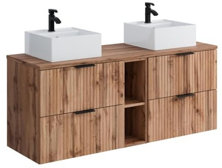 Vente-unique-Mobile per bagno sospeso con scanalature nicchie e lavabo doppio da appoggio tondo L140cm le chiaro - ZEVARA