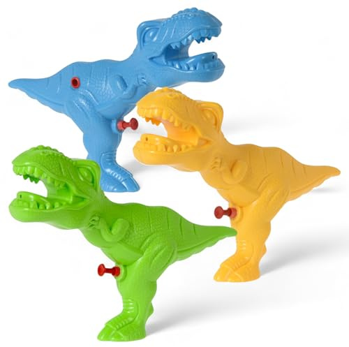 MIJOMA Uppsättning av 3 T-Rex vattenpistoler för barn – dino-vattenpistol färgblandning i grönt, blått och gult – 24 x 12 x 5 cm – vattenspruta leksak för sommar, trädgård, pool och födelsedag