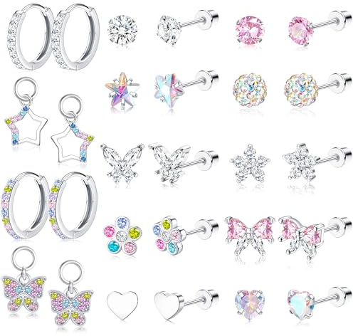 FIOROYAL 14 Pairs Hypoallergenic Earrings Set for Girls Women Kids Surgical Stainless Steel Screw Back Earrings for Sensitive Ears Cute CZ Heart Flower Butterfly Stud Hoop Earring Gift