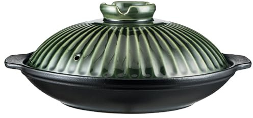 Japanese Donabe Ceramic Hot Pot Retro Heat Resistant Shallow Dutch Oven For Cooking And Serving Dolsot Bibimbap Soup Rice Stew Casserole, Noodle(Green,11 inches)